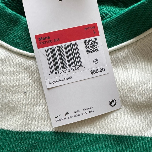 Nike Green and White Striped Sweater club fleece French terry crew neck cotton - Picture 6 of 8